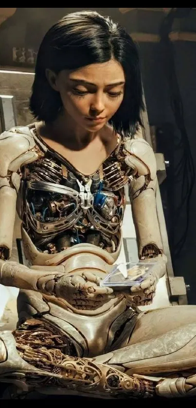 Detailed cyborg girl in futuristic setting.