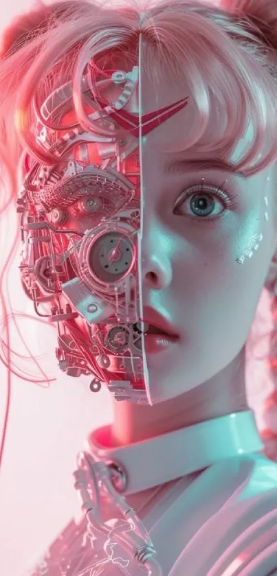 Futuristic cyborg girl with half robotic face in pink hues.
