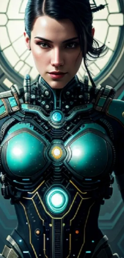 Futuristic armor-clad cyborg girl in a sci-fi setting.