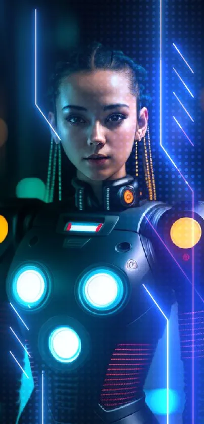 Cyborg girl in futuristic armor with glowing neon lights.