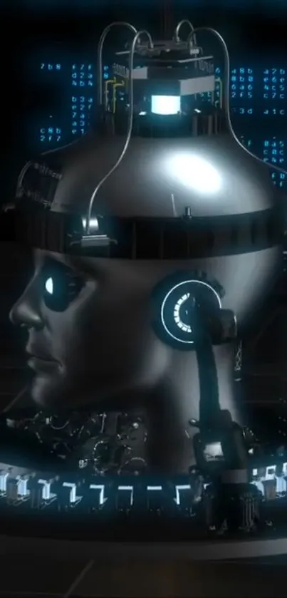 Futuristic cyborg head with glowing blue lights on a dark background.