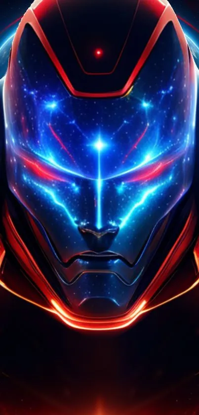 Futuristic cyborg head with neon blue and red lights.