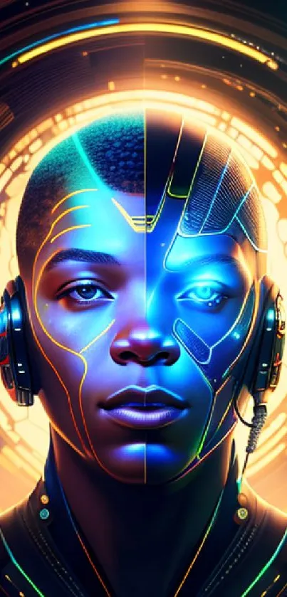 Futuristic cyborg with headphones in neon digital art style.