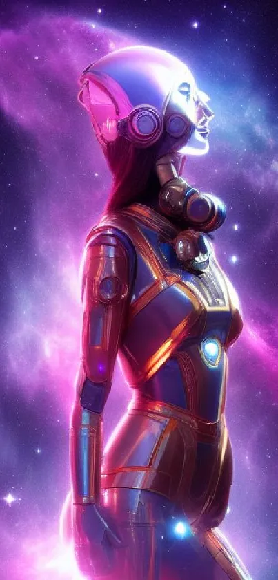 Futuristic cyborg in vibrant cosmic backdrop.