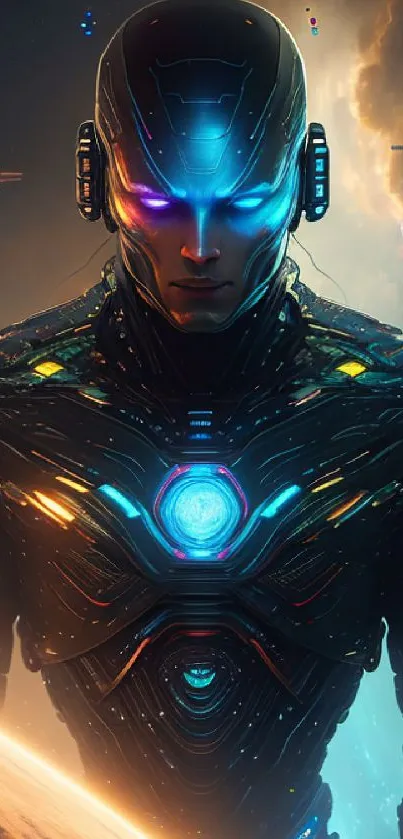 Futuristic cyborg in a cosmic setting with radiant blue and orange hues.