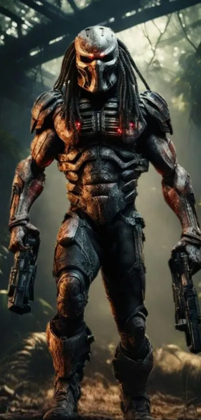 Futuristic cyborg warrior in a jungle, clad in advanced armor.