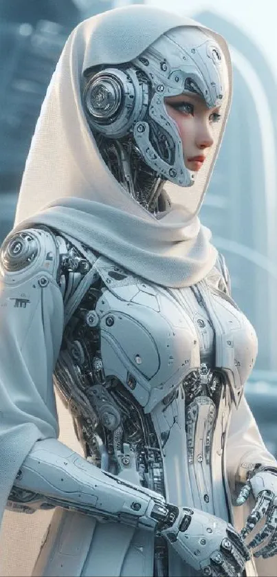 Futuristic cyborg lady in white attire with a high-tech design background.