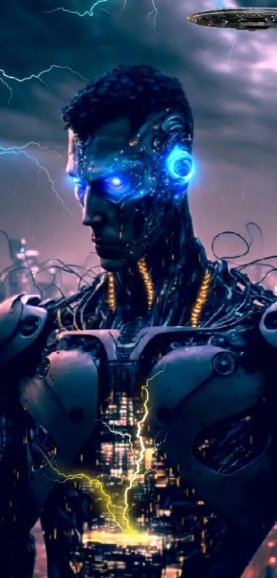 Futuristic cyborg with electric lightning and urban background.