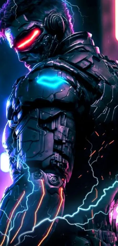 Futuristic cyborg with neon lightning and armor, ideal for mobile wallpaper.