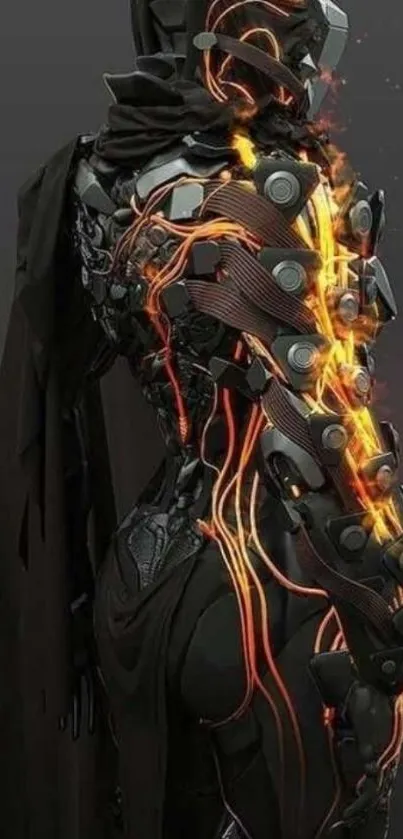 Futuristic cyborg with glowing orange elements on dark background.