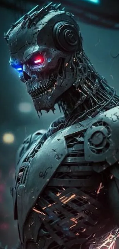 Futuristic cybernetic skull with neon lights artwork.