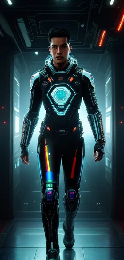 Futuristic hero in neon tech suit walking in a glowing corridor.