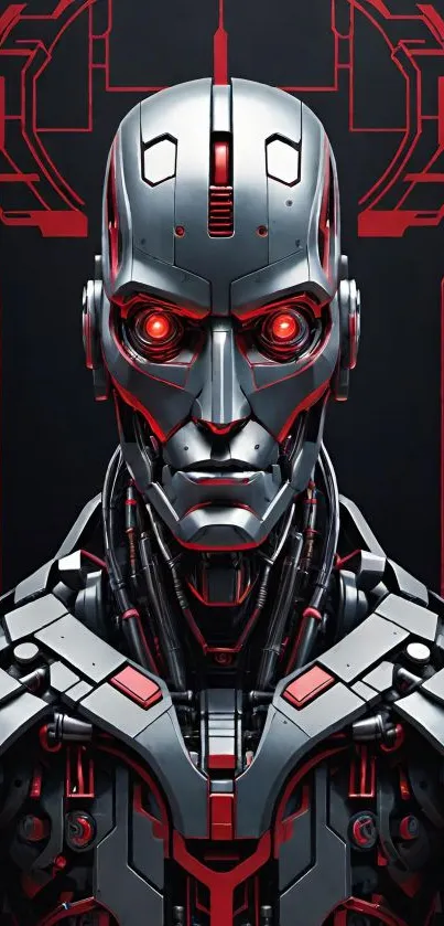 Futuristic robot with red eyes and cyber background.