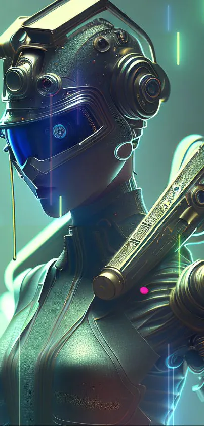 Futuristic cyborg in detailed robotic armor set against a dark teal background.