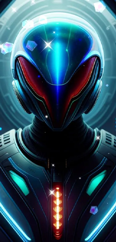 Futuristic neon cyborg with blue glowing helmet.