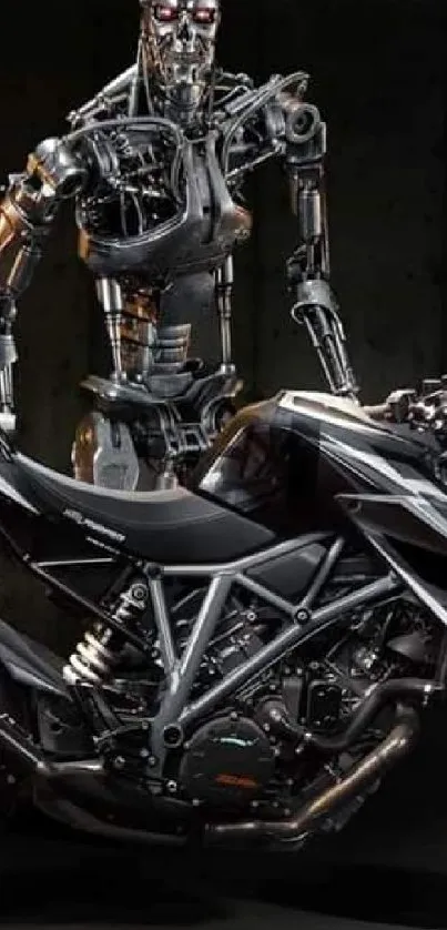 Cyborg standing next to a sleek motorcycle in a dark, futuristic setting.