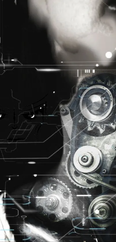 Futuristic cyborg neck design with gears and abstract elements.