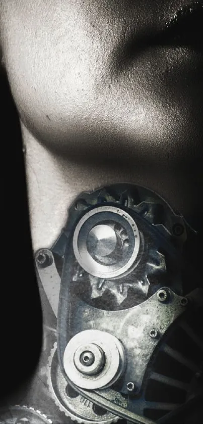 Futuristic cyborg neck art with mechanical gears and human blend.