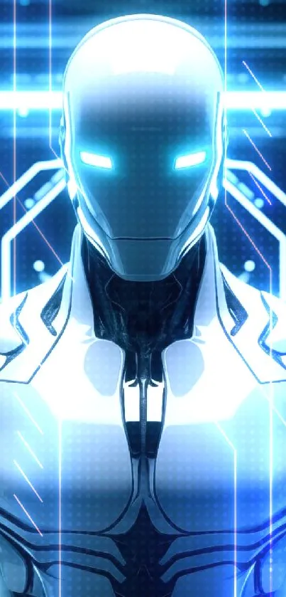 Futuristic cyborg with glowing neon lights against a tech-themed background.