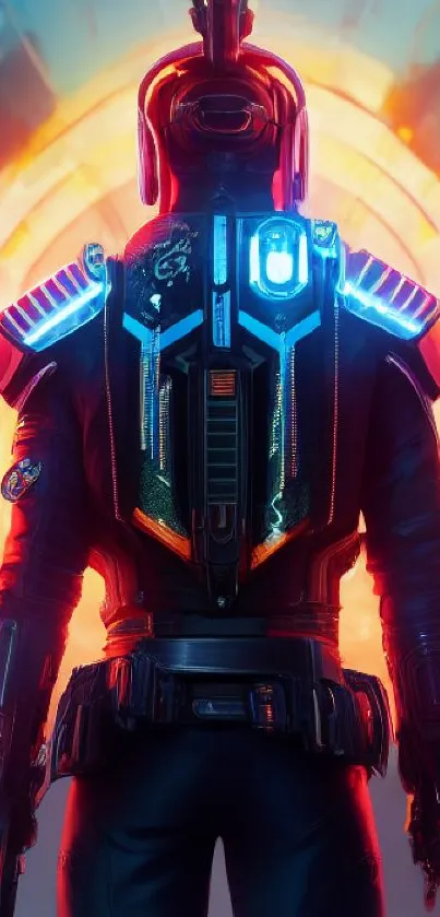 Futuristic cyborg with neon lights and glowing armor in red-orange ambiance.