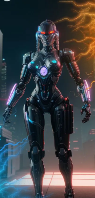 Futuristic cyborg with electric lights in a cityscape background.