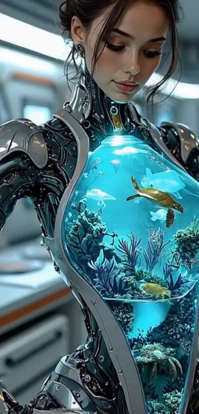 Cyborg woman with futuristic ocean habitat torso.