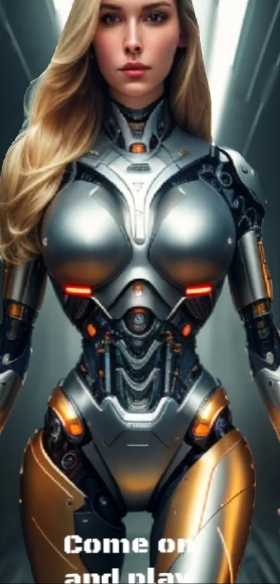 Futuristic female cyborg in metallic armor, vibrant colors.
