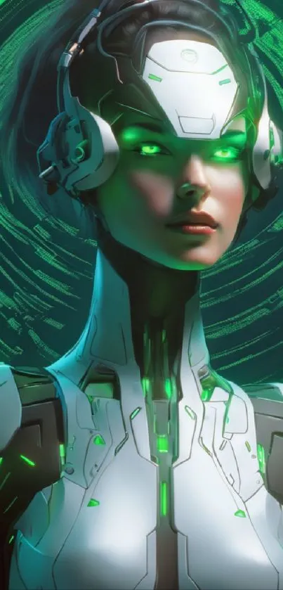 Futuristic cyborg with neon green accents and digital background.