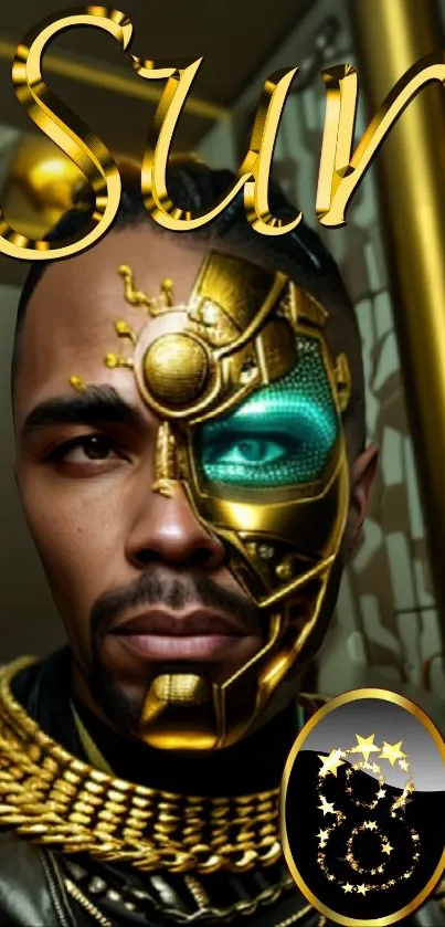 Gold-accented futuristic cyborg face design on a phone wallpaper.