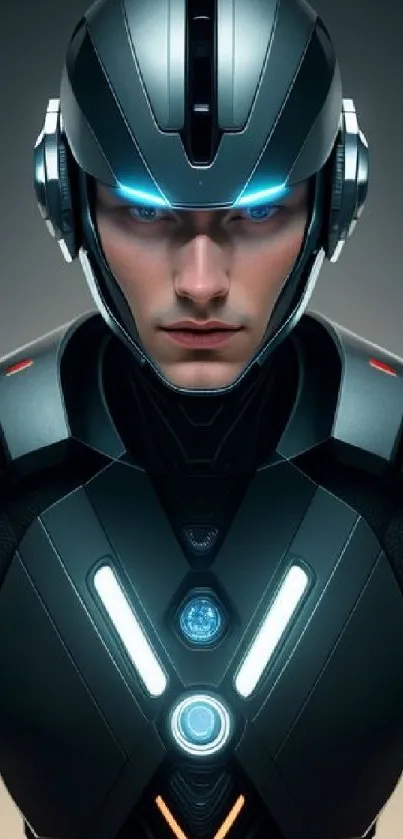Futuristic cyborg warrior with glowing armor.