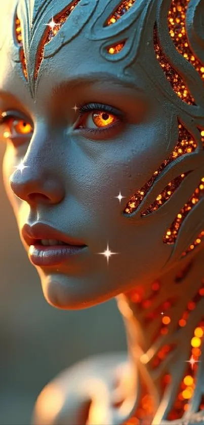 Futuristic cyborg with glowing orange elements on a mobile wallpaper.