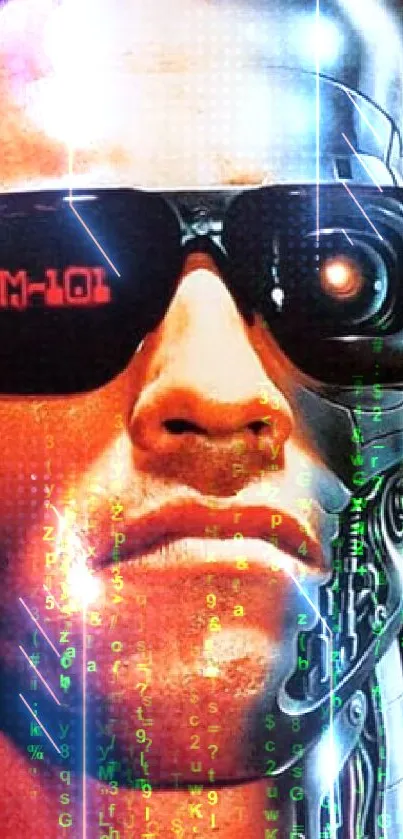 Iconic cyborg themed mobile wallpaper with red and black tones.