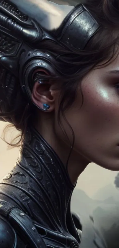 Futuristic cyborg wallpaper with metallic details and sci-fi aesthetic.