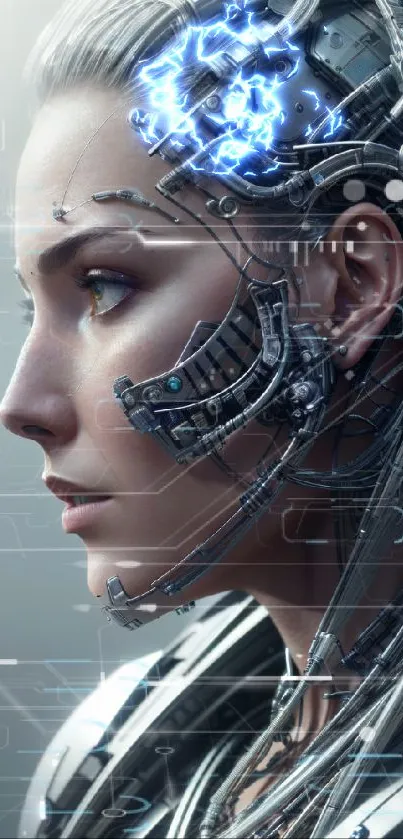 Futuristic female cyborg with metallic details.