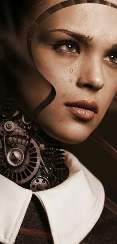 Futuristic cyborg portrait with dark brown tones.