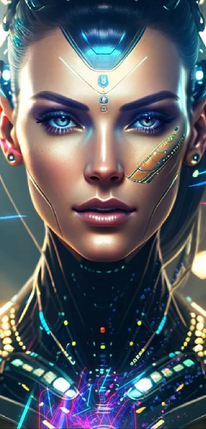 Futuristic cyborg portrait with tech elements and intricate design.