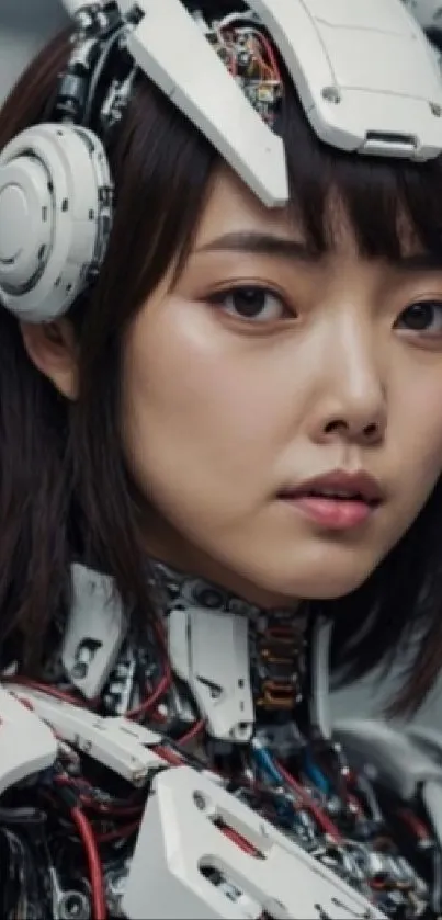 Futuristic cyborg woman with mechanical features.