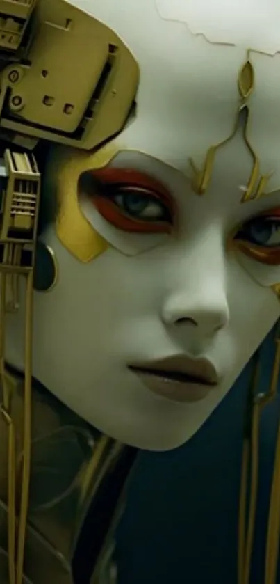 Futuristic cyborg portrait with gold accents and intricate design.