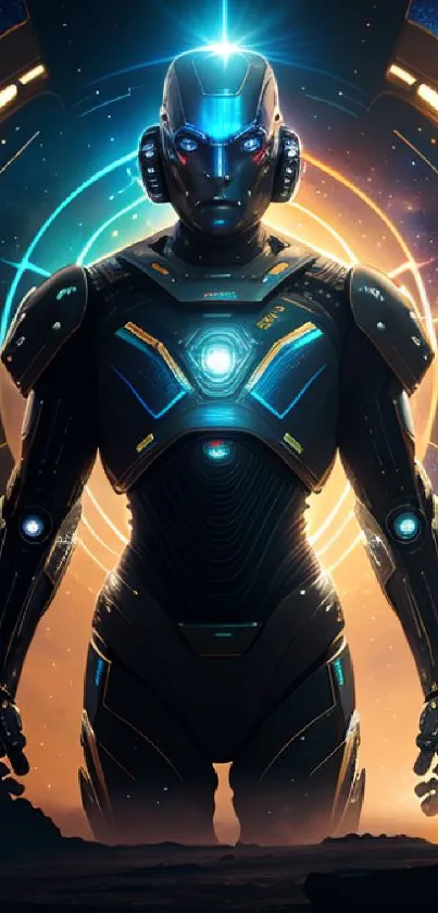 Futuristic cyborg in cosmic sci-fi setting with vibrant blue lights.