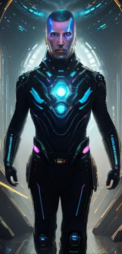 Futuristic cyborg in a neon-lit corridor with vibrant sci-fi design.