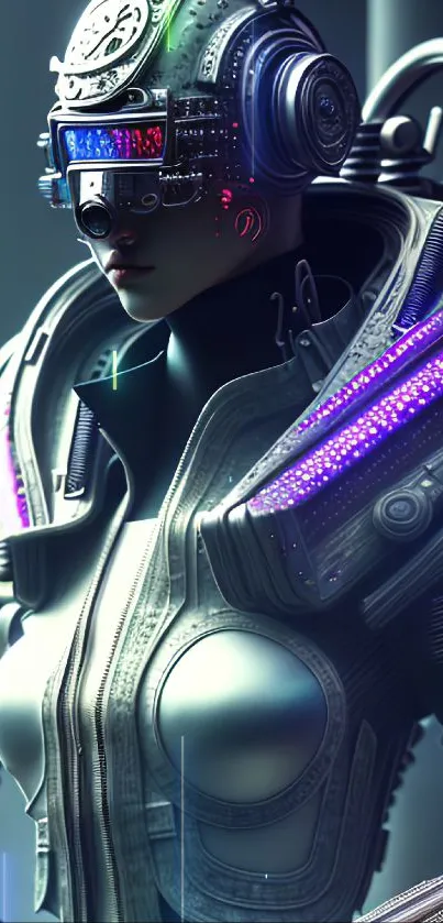 Futuristic cyborg with metallic armor and glowing elements.