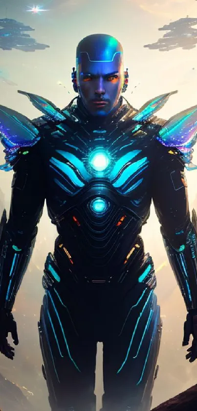 Futuristic cyborg in alien landscape with glowing armor.