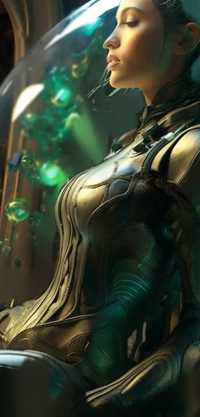 Futuristic cyborg woman in metallic armor, exuding serenity and tech aesthetics.