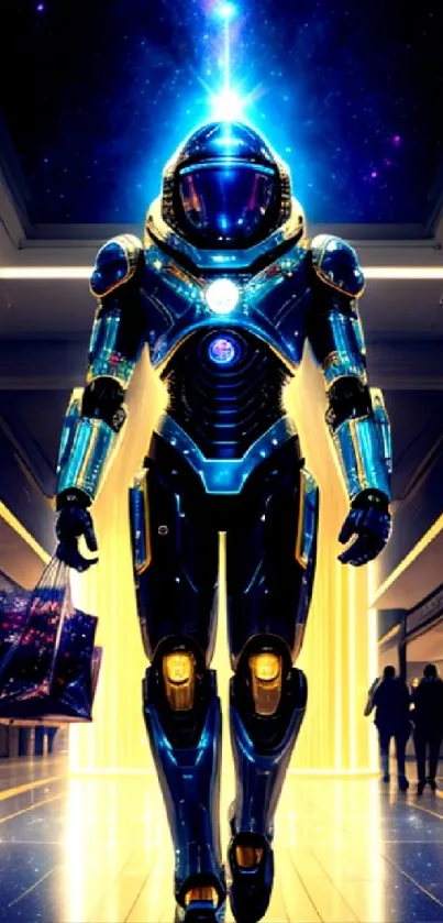 Futuristic cyborg walks through a neon-lit mall.
