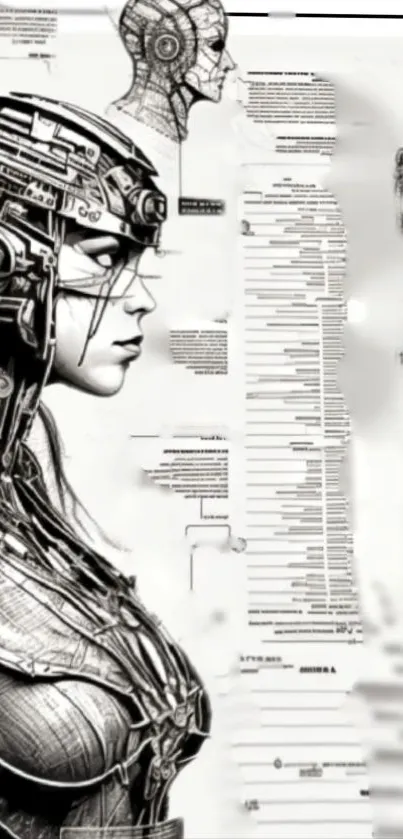 Futuristic cyborg sketch wallpaper with intricate design and technical details.