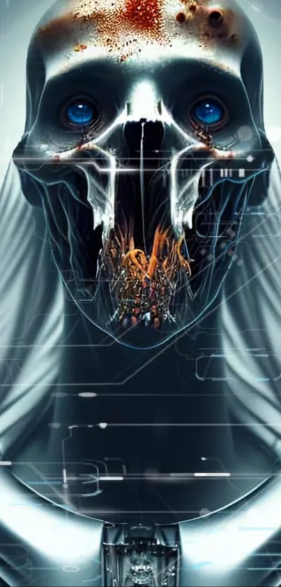 Futuristic cyborg skull art with digital elements