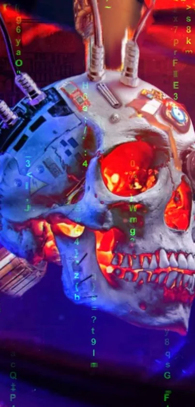 Futuristic cyborg skull with glowing red highlights and digital enhancements.