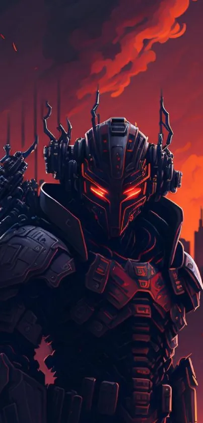 Futuristic warrior in armor with fiery background.