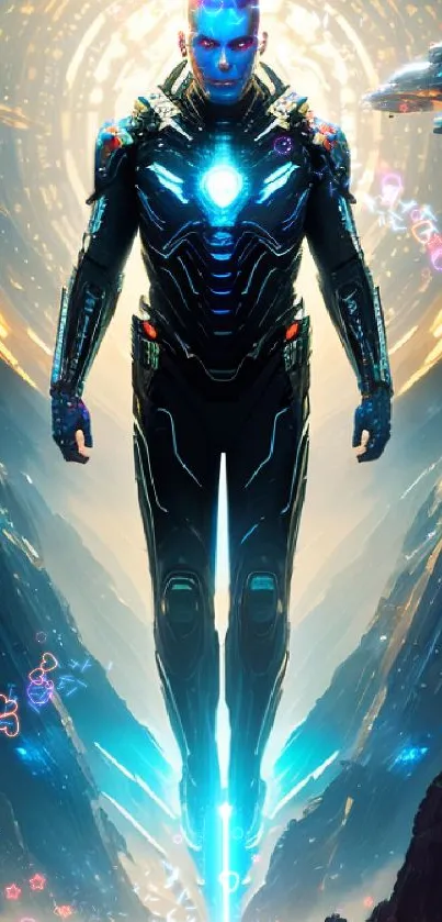 Futuristic cyborg floating in space with vibrant blue and gold colors.