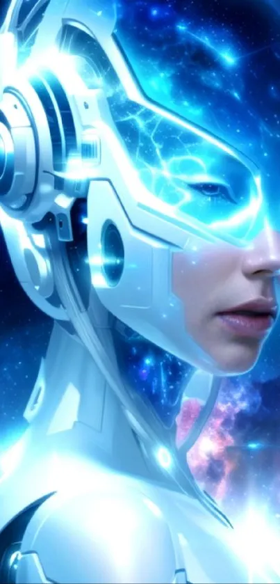 Futuristic cyborg with neon blue light in cosmic setting.